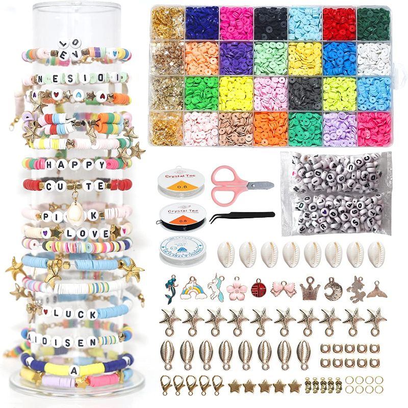 Photo 1 of 6600 Pcs Clay Beads for Bracelet Making Kits, 24 Colors 6600 pcs 6mm Spacer Flat Clay Heishi Beads with 234 Letter Beads,Pendant, Jump Rings and Elastic Strings,DIY Jewelry Making Bracelets Necklace 