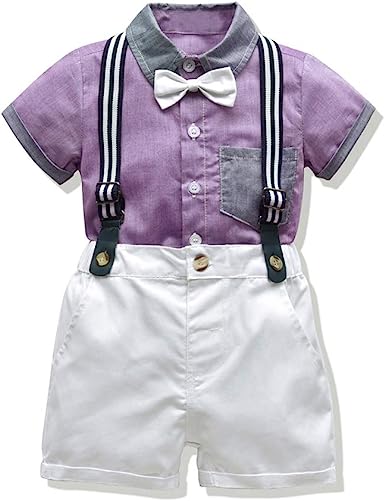 Photo 1 of Moyikiss Studio Baby Boys Gentleman Outfit Suits, Infant Boys Short Pants Set, Short Sleeve Shirt+Suspender Pants+Bow Tie size 3yrs 