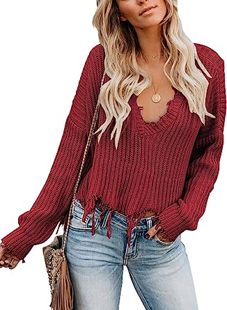 Photo 1 of Asvivid Womens V Neck Long Sleeve Ripped Distressed Pullover Knit Crop Sweater L