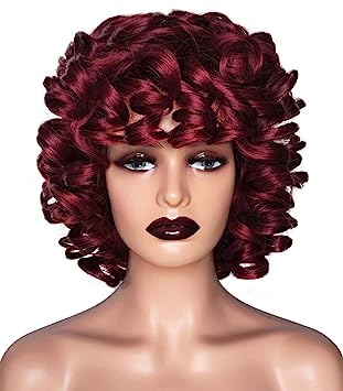 Photo 1 of FOVER Short Wine Red Curly Wigs for Black Women 12'' Afro Kinky Curly Wig with Bangs Synthetic Hair Replacement Wigs Natural Looking Heat Resistant Wig for Daily Party FE012R 