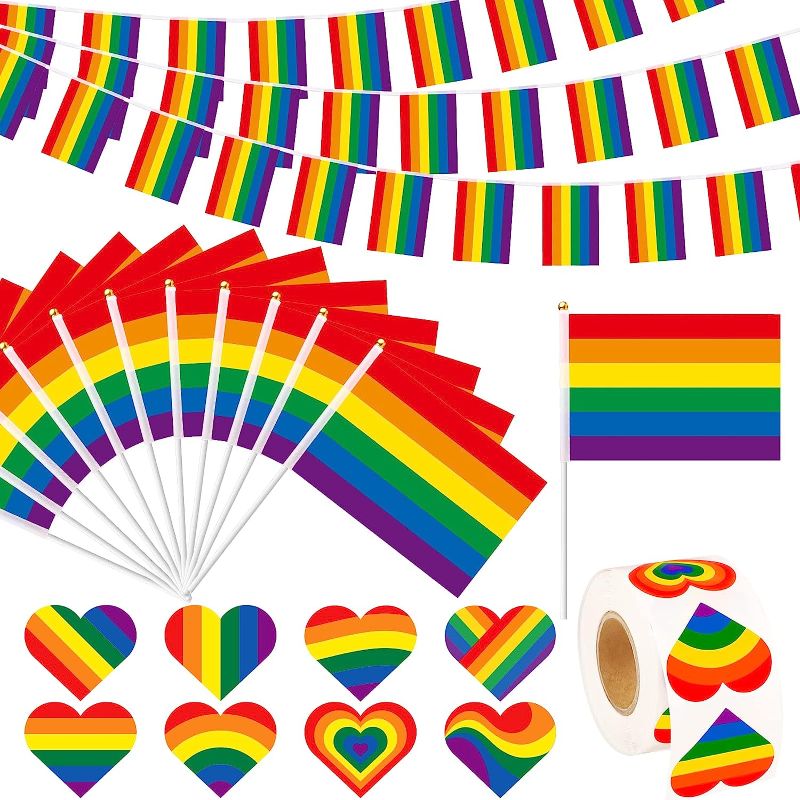 Photo 1 of 100PCS Rainbow Pride Flag Handheld Mini Flag LGBTQ 500PCS Pride Stickers Rainbow Flag Banners Pride String Flag 32ft LGBT Gays Pride Month Stuff Set for Parade Party Decoration 