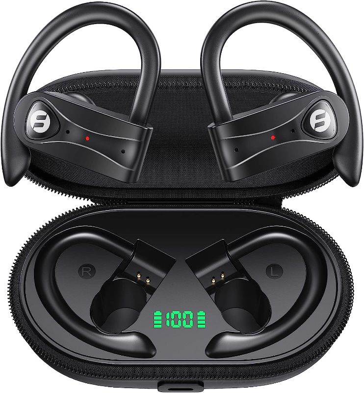 Photo 1 of Bluetooth Headphones Noise Canceling 4 Mics Clear Call Stereo Bass Sound 60H Playtime Wireless Charging Case Over Ear Earphones LED Digital Display Headset with Earhooks for Sports Running Workout Gym