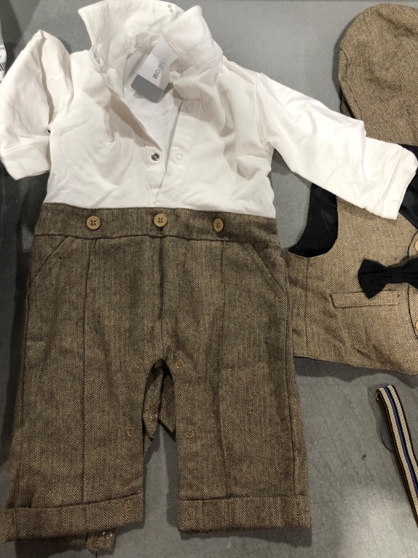 Photo 2 of Boy Outfits Set, 3pcs Long Sleeves Gentleman Jumpsuit & Vest Coat & Berets Hat with Bow Tie BOW IS DAMAGE SIZE 12-18M 