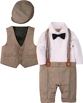 Photo 1 of Boy Outfits Set, 3pcs Long Sleeves Gentleman Jumpsuit & Vest Coat & Berets Hat with Bow Tie BOW IS DAMAGE SIZE 12-18M 