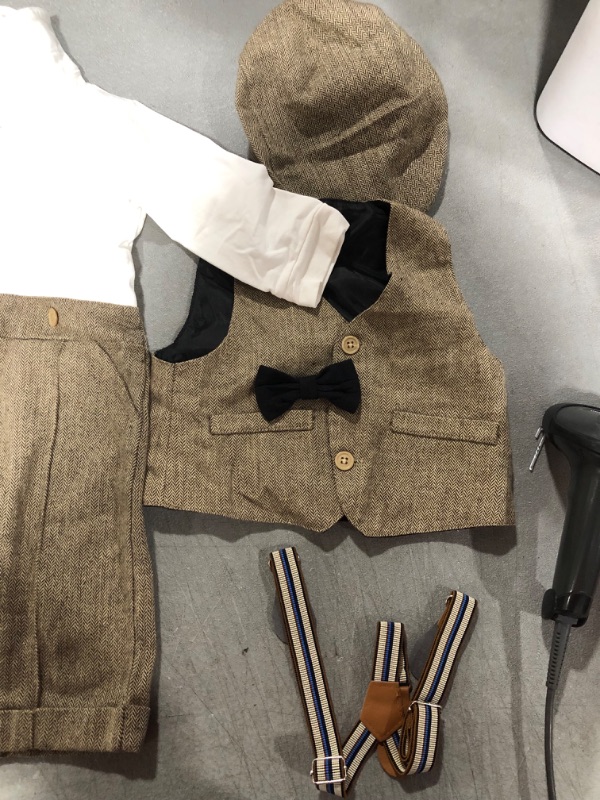 Photo 3 of Boy Outfits Set, 3pcs Long Sleeves Gentleman Jumpsuit & Vest Coat & Berets Hat with Bow Tie BOW IS DAMAGE SIZE 12-18M 