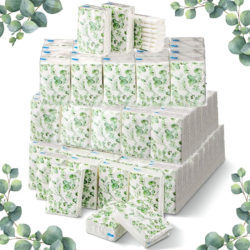 Photo 1 of 100 Pack Mini Tissue Packs Bulk 3-Ply Travel Tissues Packs Bulk Spring Floral Facial Tissues Pocket Tissues Wedding Tissue Packs for Guests Individual Tissue Packs for Travel Purse Office (Eucalyptus) 