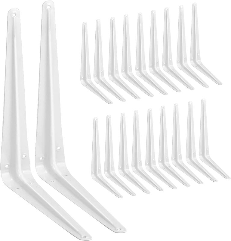 Photo 1 of 20 Pack Shelf Brackets 10 Inches White, Heavy Duty Steel Metal L Brackets for Shelves, J Brackets Wall Angel Corner Brace for Wood Board 