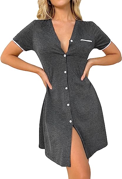 Photo 1 of SOLY HUX Women's Button Up Sleep Shirt V Neck Short Sleeve Nightgown Dress Sleepwear
