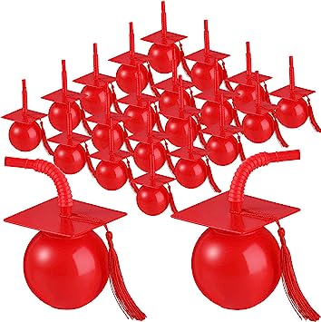 Photo 1 of 24 Set Graduation Cap Party Cups for Party with Tassels Straws and Lids, 10 oz Reusable Hard Plastic Cups for Grad Party Graduation Gifts Bulk for Class of 2023 Graduation Party Favor Supplies (Red) 