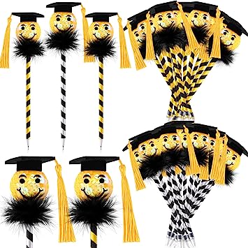 Photo 1 of 72 Pcs Graduation Cap Ballpoint Pen with Tassels Round Shaped Happy Face Graduation Pen Flip Sequin Blue Ink Graduation Party Favor Pens Lovely Present for Graduation Party Supplies Home School Office 