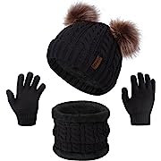 Photo 1 of 3 Pcs Kids Winter Beanie Hat Scarf Gloves Set for Girls Boys Knit Warm Pompom Toddler Winter Hat Mittens Neck Warmer Sets
