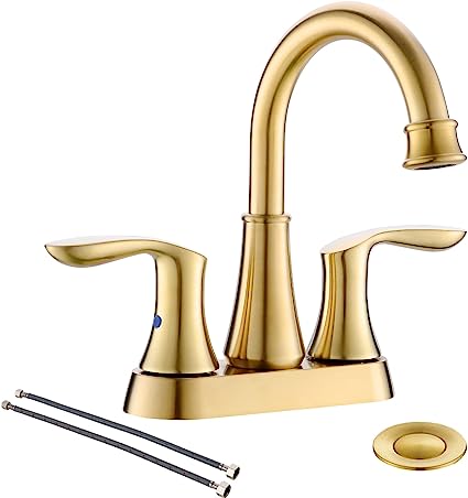 Photo 1 of 3 Holes 4 Inch Centerset Brushed Gold 2 Handles Lead-Free Bathroom Faucet,Bathroom Sink Faucet with Pop-up Drain and 2 Water Supply Hoses,BF016-11-BG