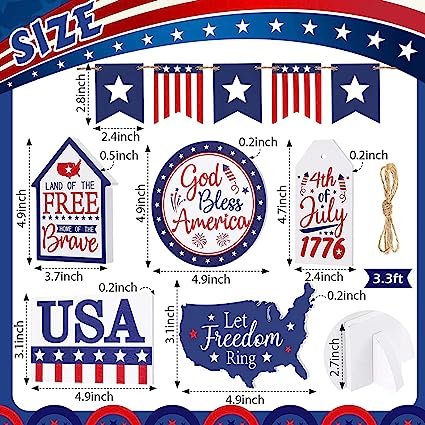 Photo 1 of 11 Pcs 4th of July Tiered Tray Decor, Patriotic Tiered Tray Decor Wood Signs Farmhouse Home Decorations for Memorial Day American Star Red White Blue Decoration Not Including Gnomes (White Blue Red) 