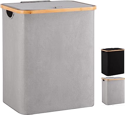 Photo 1 of 66L Laundry Hamper Basket with Lid by YOUDENOVA, Small Clothes Hamper with Handle, Waterproof and Collapsible Storage Basket for Bedroom, Closet and Bathroom, Grey(16"L 13"W 20"H) 