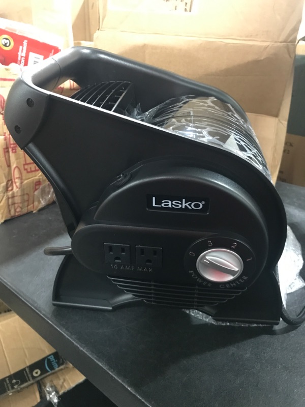 Photo 2 of Lasko High Velocity Pivoting Utility Blower Fan, for Cooling, Ventilating, Exhausting and Drying at Home, Job Site, Construction, 2 AC Outlets, Circuit Breaker with Reset, 3 Speeds, 12", Black, U12104

