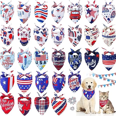 Photo 1 of 30 Pcs 4th of July Day Dog Bandanas Patriotic Dog Bibs American Flag Pet Costume Adjustable Dog Cat Holiday Outfit Washable Triangle Scarf Kerchief for Small to Medium Pet
