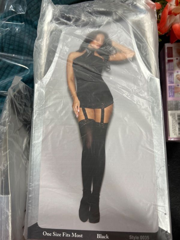 Photo 1 of Dreamgirl Women's Sheer Halter Garter Lingerie Dress with Attached Thigh High Stockings