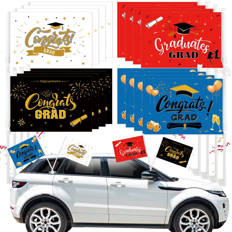 Photo 1 of 16 Pieces Graduation Party Car Flags Decorations Kit Congrats Grad Graduation Outdoor Parade Car Flags with Flagpole Black Gold Red Blue Vehicle Flags Decor for Graduation