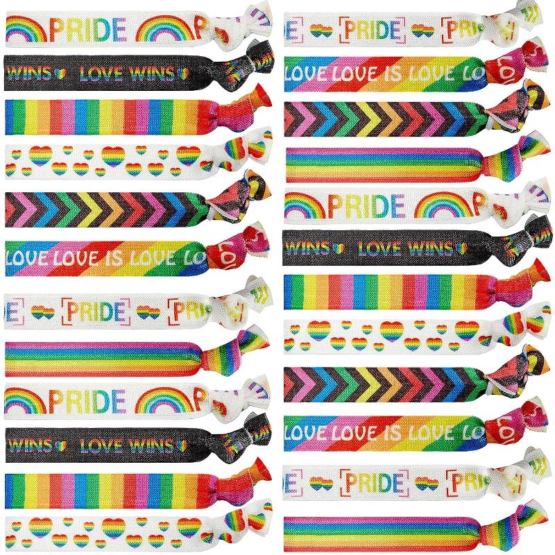 Photo 1 of 100 Pcs Rainbow Hair Tie Accessories Gay Pride Parade Accessories Festival Celebration Accessories Knotted Elastic Hair Ties Love LGBTQ Ponytail Holders for Pride Equality Party Supplies, 20 Styles