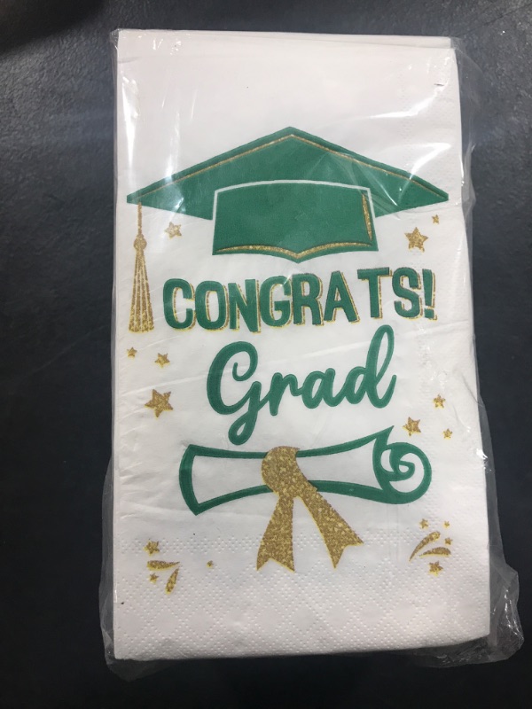 Photo 2 of 100 Graduation Napkins Congrats Grad Paper Guest Towels 3 Ply Green and Gold Decorative Napkins Disposable Hand Towels for Bathroom Dinner Class of 2023 Graduation Party Supplies Decorations