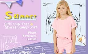 Photo 1 of Batermoon Girl's Lounge Sets Short Sleeve Crop T-shirts and Shorts Clothing Sets Summer Sweatsuits L