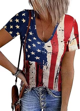 Photo 1 of Beopjesk Women's USA Flag Ribbed Shirt Casual Short Sleeve V Neck Button Down Henley Independence Day Blouse Tops L