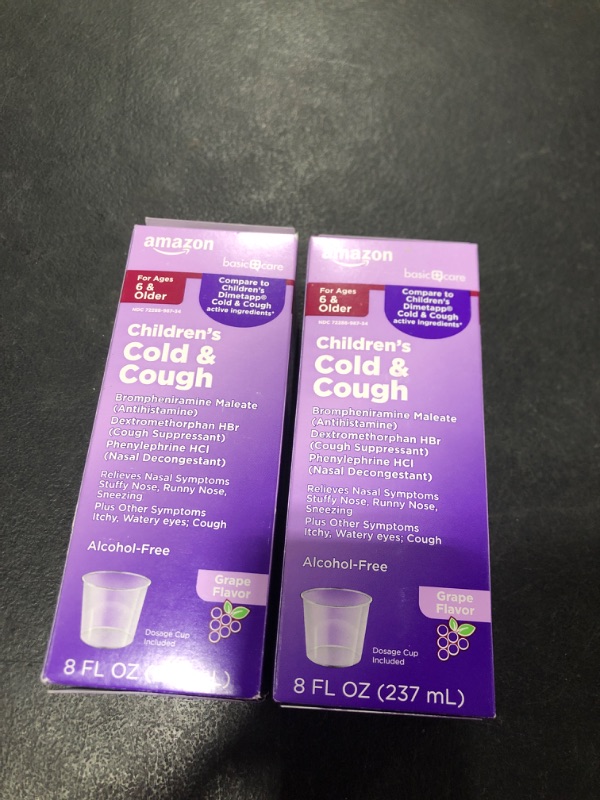 Photo 2 of 2 pack Amazon Basic Care Children's Cold and Cough Syrup, Grape Flavor, 8 Fl Oz
