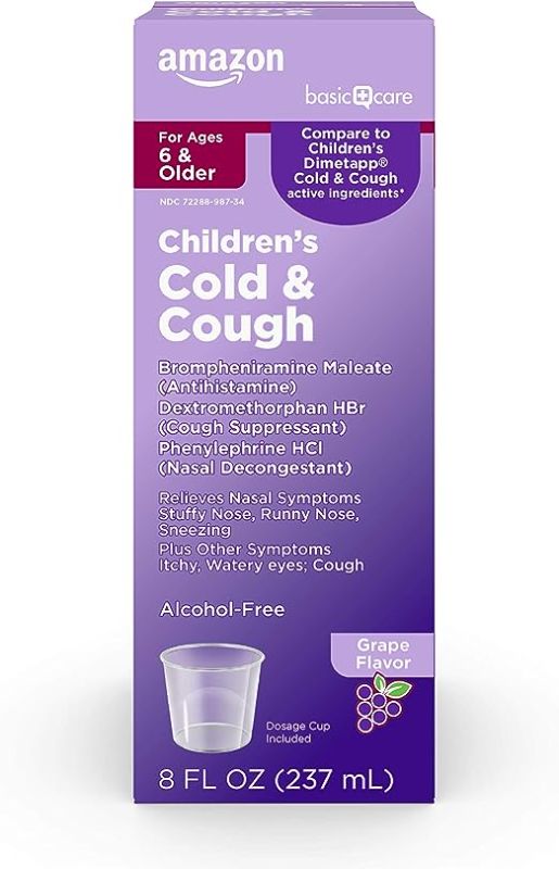 Photo 1 of 2 pack of Amazon Basic Care Children's Cold and Cough Syrup, Grape Flavor, 8 Fl Oz
