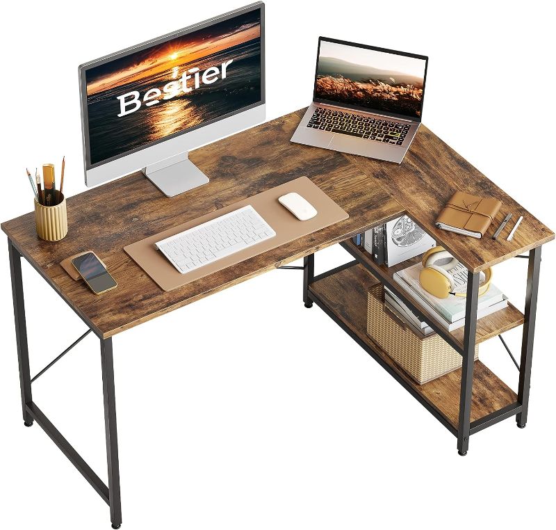 Photo 1 of Small L Shaped Desk with Shelves 47 Inch Corner Computer Desk Writing Gaming Storage Table for Home Office Small Space, Rustic Brown