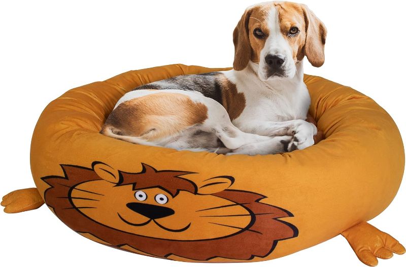 Photo 1 of  Lion Bolster Dog Bed - Round Cuddle Bed for Pets - Fits Medium Dogs, Puppies, Cats - Stuffed Center Cushion with Raised Head Rest for Support and Security - Non Slip Base