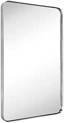 Photo 1 of  Brushed Nickel Metal Framed Bathroom Mirror for Wall in Stainless Steel Rounded Rectangular Bathroom Vanity Mirrors Wall Mounted