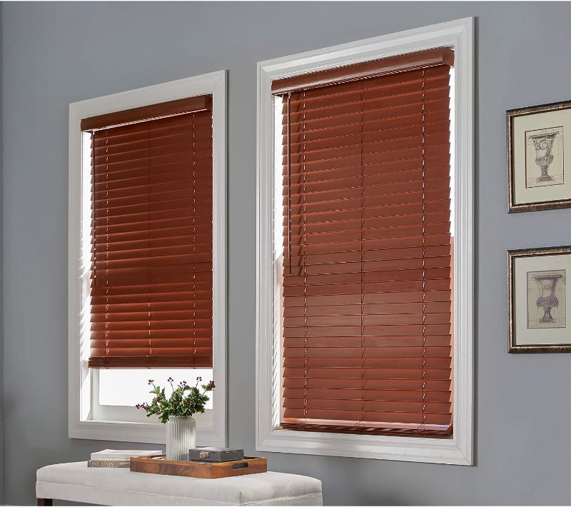 Photo 1 of  2" Faux Wood Cordless Blinds Window Privacy Shades Adjustable Slats - 33I W 64I L, Mahogany Brown