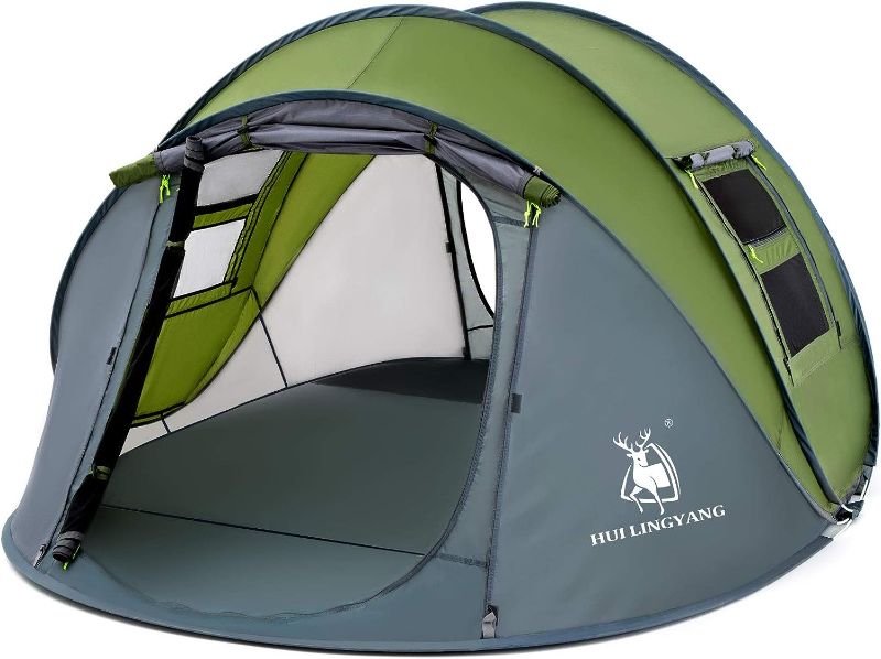 Photo 1 of 4 Person Easy Pop Up Tent,9.5’X6.6’X52'',Waterproof, Automatic Setup,2 Doors-Instant Family Tents for Camping, Hiking & Traveling
