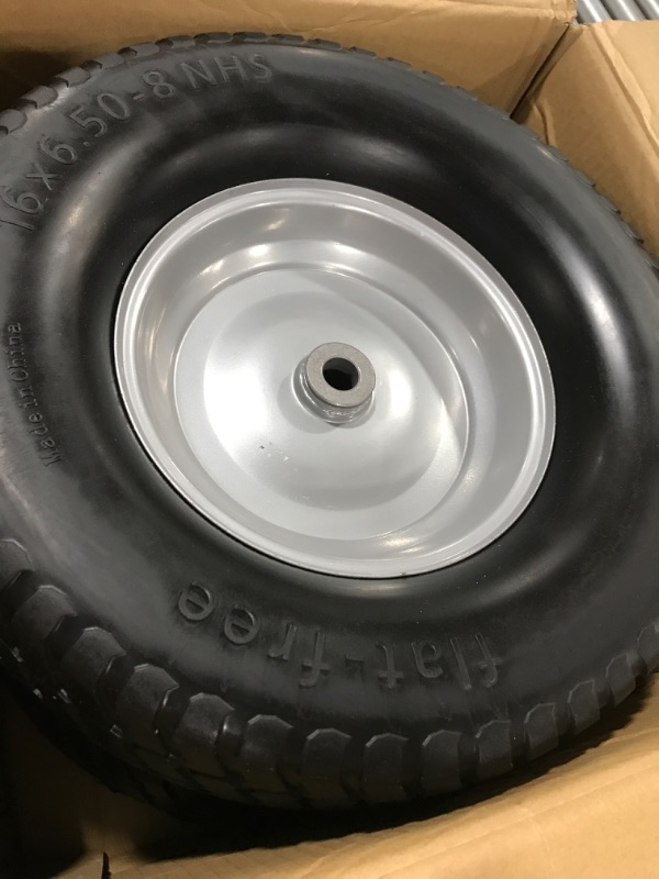 Photo 2 of (2-Pack) 16x6.50-8 Tire and Wheel Flat Free - Solid Rubber Riding Lawn Mower Tires and Wheels - With 3" Offset Hub and 3/4" Bushings - 16x6.5-8 Tractor Turf Tire Turf-Friendly 3mm Treads 16x6.50-8 Flat-Free Silver