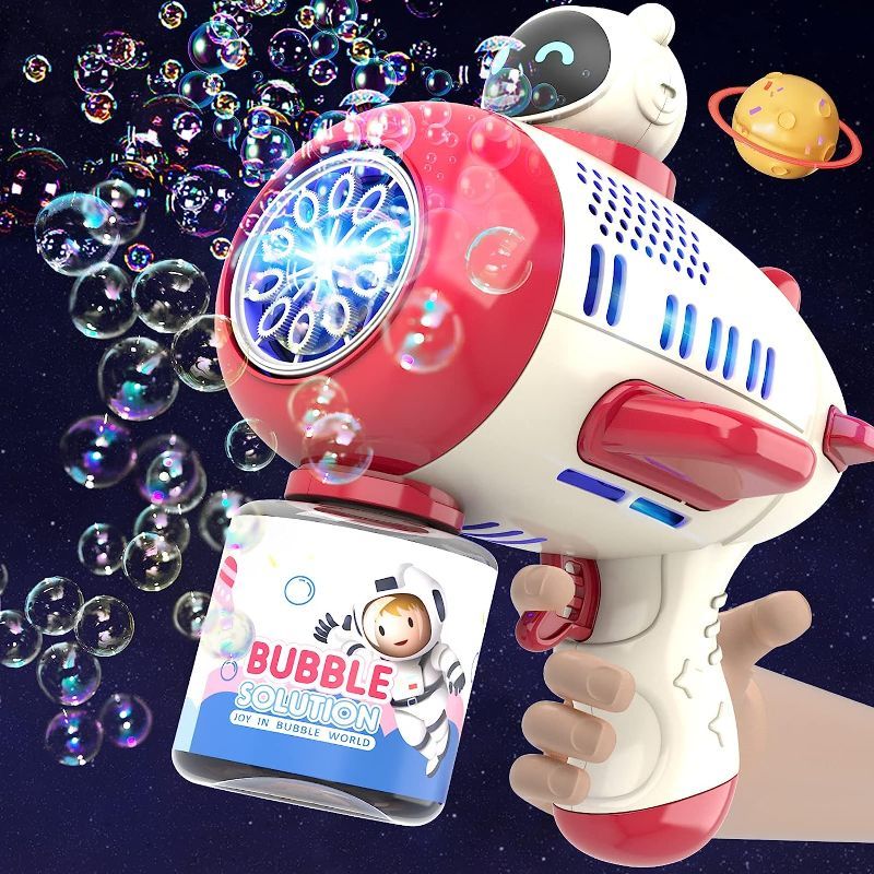 Photo 1 of Bubble Gun Machine for Kids Toddlers 1-3, 5000+ Bubbles Per Minute with 360°Leak-Proof, Automatic Space Bubble Blower with Led Light for Birthday Party, Outdoor Gift for Boys and Girls 