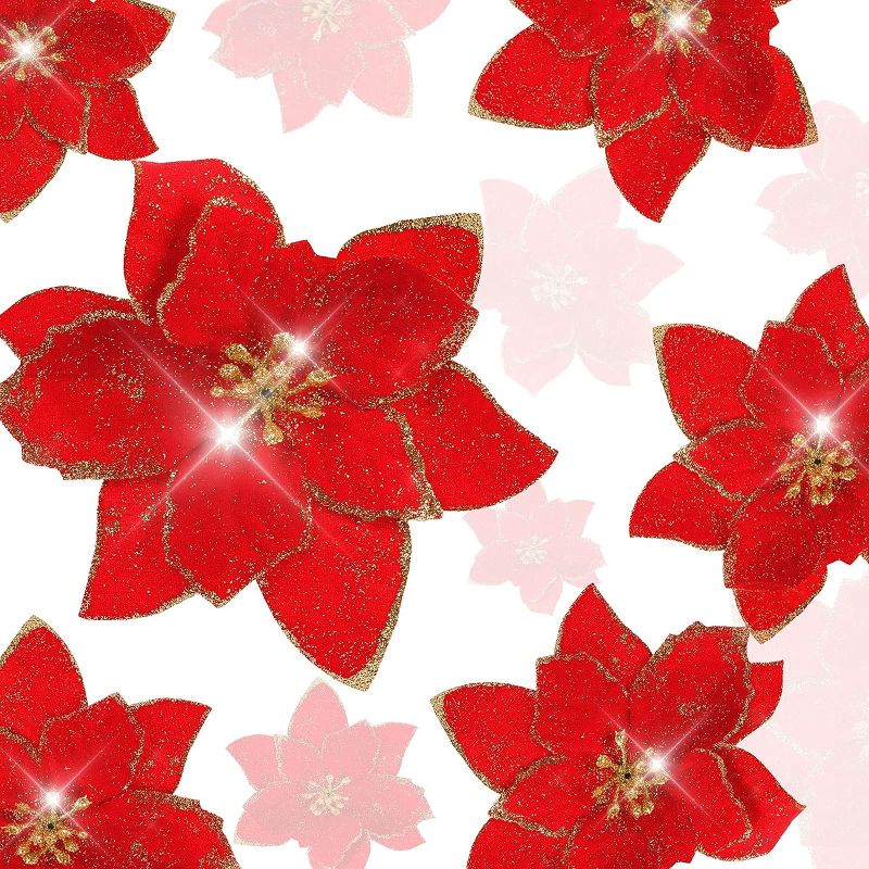 Photo 1 of  24 Pieces Christmas Red Glitter Poinsettia Artificial Xmas Silk Flowers Christmas Tree Ornaments for Christmas Tree Wreaths Garland Wedding Party Decoration