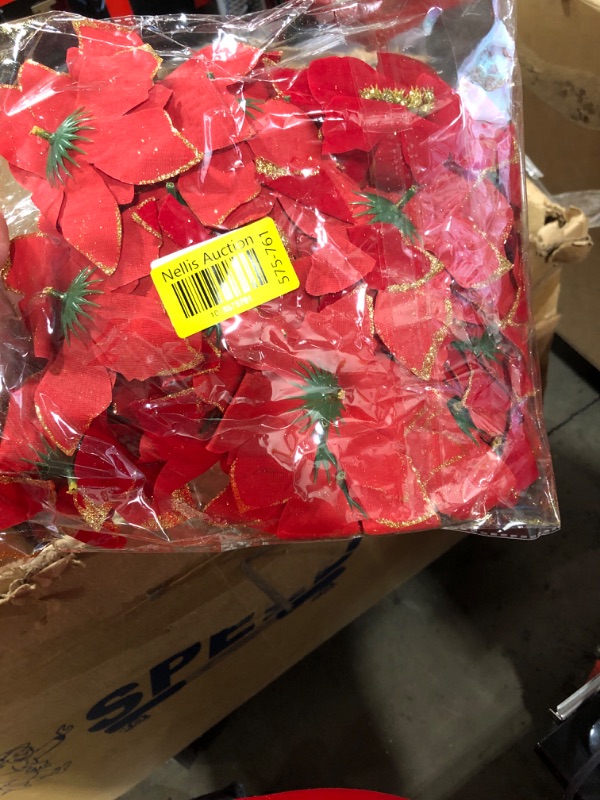Photo 1 of  24 Pieces Christmas Red Glitter Poinsettia Artificial Xmas Silk Flowers Christmas Tree Ornaments for Christmas Tree Wreaths Garland Wedding Party Decoration