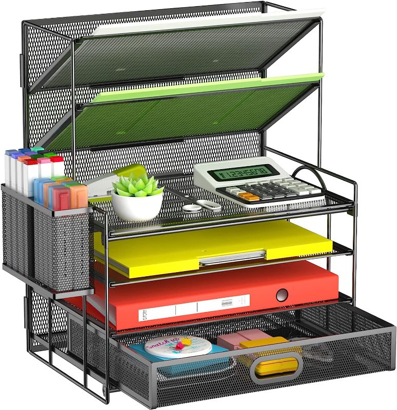 Photo 1 of Marbrasse Desk Organizer with Drawer, 4-Tier File Organizer Paper Tray with 2 Pockets File Holder and Pen Holder, Mesh Desk Organizers and Accessories, Desktop Organizer for Home Office (Black) 