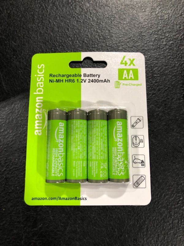 Photo 1 of Amazon Basics 4-Pack Rechargeable AA NiMH High-Capacity Batteries, 2400 mAh, Recharge up to 400x Times, Pre-Charged 4 Count (Pack of 1)