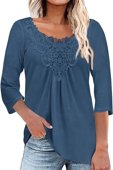 Photo 1 of Dakouaey Women's Plus Size Tops Casual V Neck Lace Crochet 3/4 Sleeve Shirts Loose Flowy Tunic Tops Blouses---MED