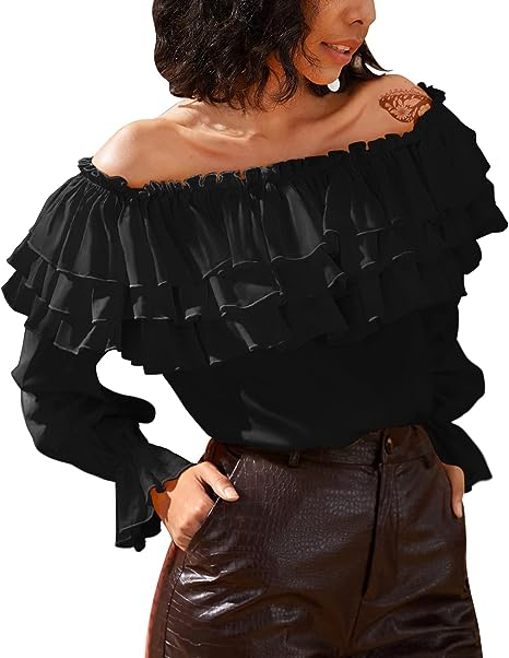 Photo 1 of Byinns Women's Off The Shoulder Layered Ruffle Top Long Sleeve Peplum Blouses Party Shirts Dressy Tops--SIZE SMALL