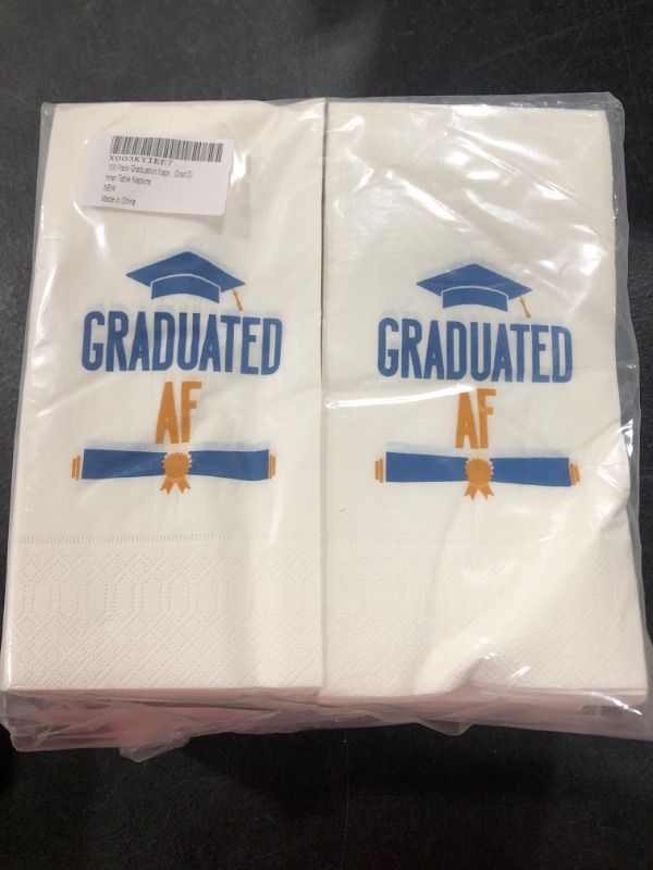 Photo 2 of 100Pcs 2023 Graduation Napkins Disposable Congrats Grad Guest Napkins, Dinner Guest Cocktail Napkins, Gold Foil Paper Hand Towels for High School College Graduation Party Supplies Table Decoration Blue