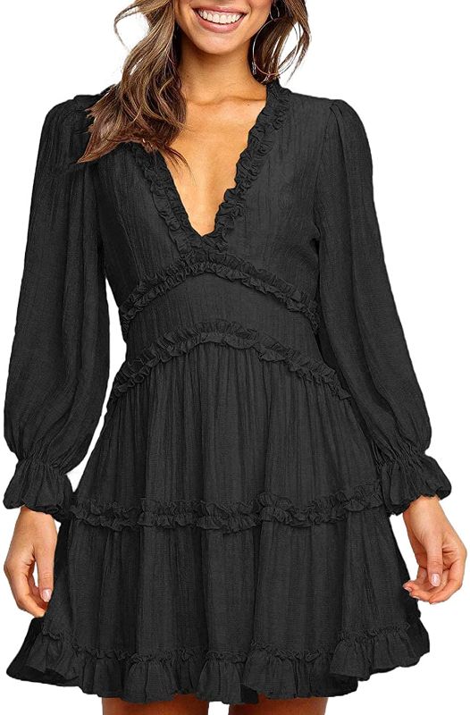 Photo 1 of Happy Sailed Womens Summer Long Sleeve Dress Deep V Neck Ruffle Layer Swing XL