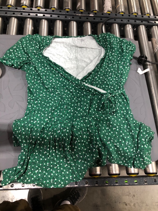 Photo 1 of Amazon Essentials Women's Cap-Sleeve Faux-Wrap Dress Rayon Blend Green Floral X-Large