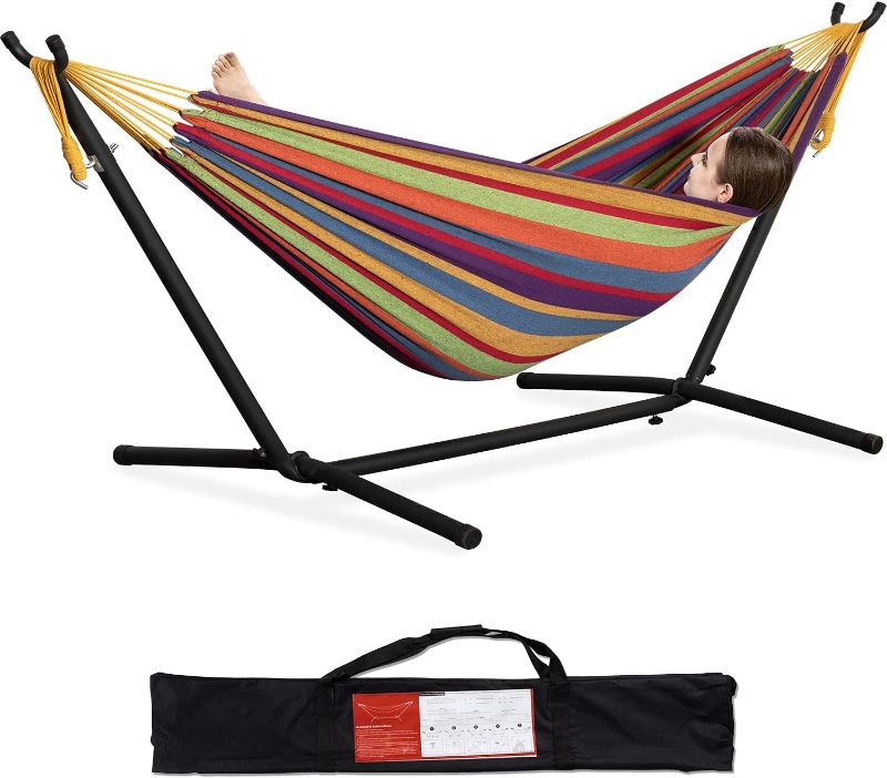 Photo 1 of  PNAEUT Double Hammock with Space Saving Steel Stand 2 Person Heavy Duty Garden Yard Outdoor 450lb Capacity Hammocks and Portable Carrying Bag (Tropical) 