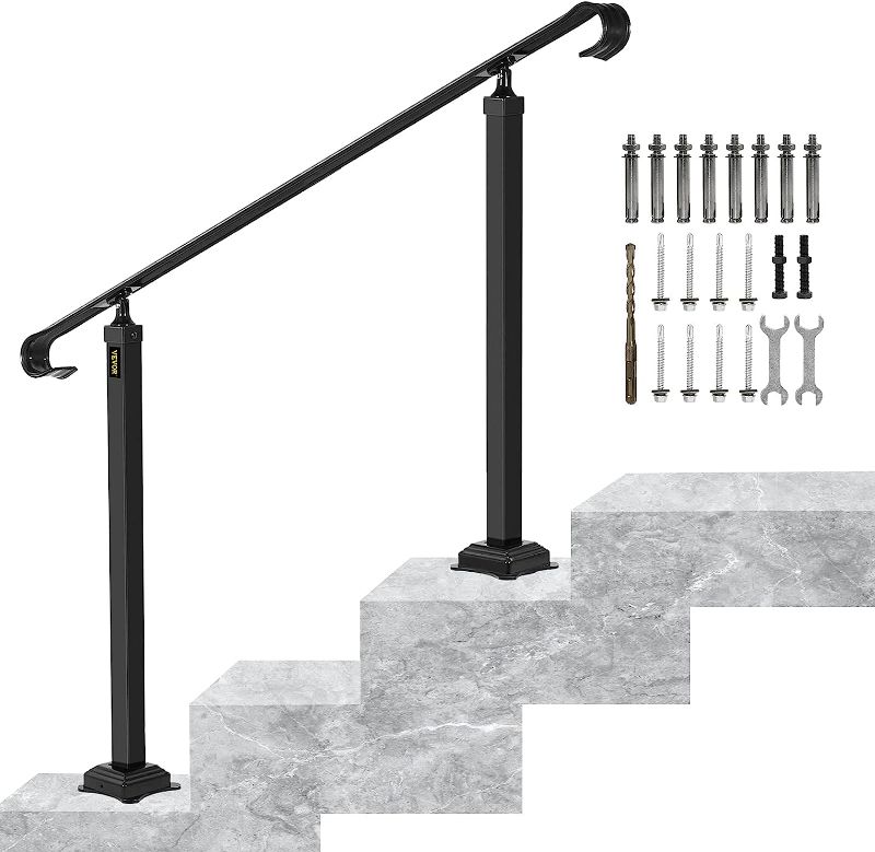 Photo 1 of  VEVOR Handrails for Outdoor Steps, Fit 2 or 3 Steps Wrought Iron Handrail, Outdoor Stair Railing, Adjustable Front Porch Hand Rail, Black Transitional Hand railings for Concrete Steps or Wooden Stairs 