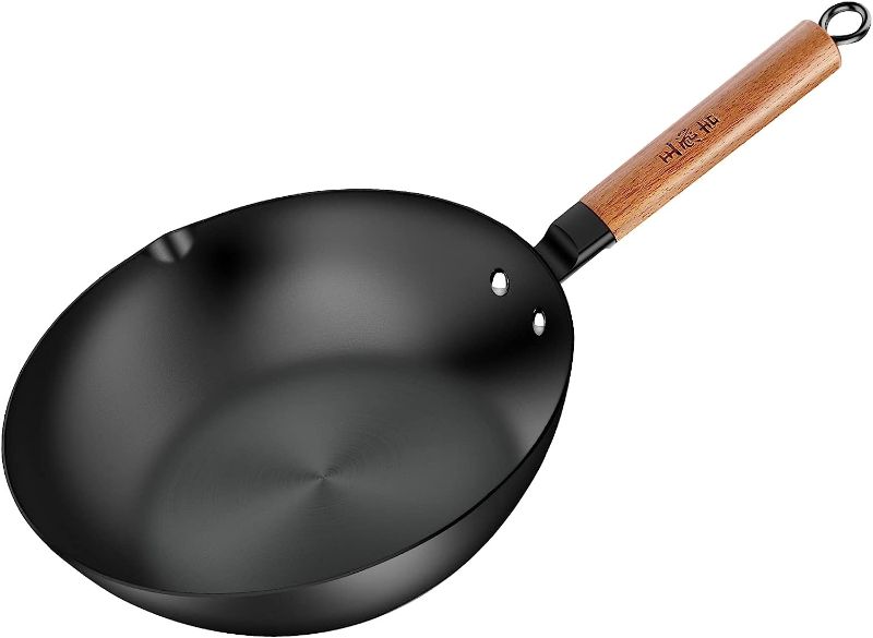 Photo 1 of  WANGYUANJI Carbon Steel Wok Pan, 11" Flat Bottom Woks and Stir Fry Pans with Lid,No Chemical Coated Traditional Wok for Induction, Electric, Gas, Halogen All Stoves-Practical Gift 