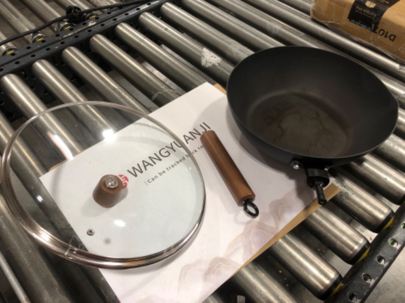 Photo 2 of  WANGYUANJI Carbon Steel Wok Pan, 11" Flat Bottom Woks and Stir Fry Pans with Lid,No Chemical Coated Traditional Wok for Induction, Electric, Gas, Halogen All Stoves-Practical Gift 