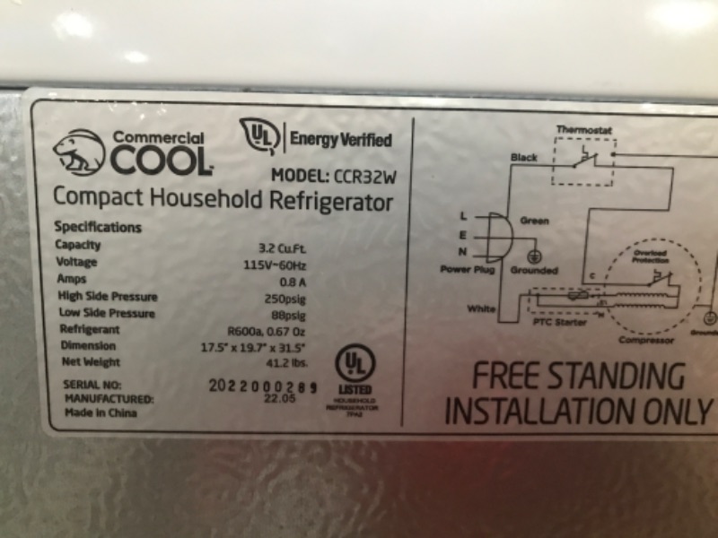 Photo 1 of Commercial Cool CCR32W Compact Single Door Refrigerator and Freezer, 3.2 Cu. Ft. Mini Fridge, White