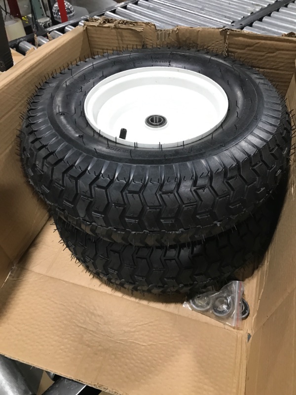 Photo 2 of (2-Pack) 16x6.50-8 Tubeless Tires on Rim - Universal Fit Riding Mower and Yard Tractor Wheels - With Chevron Turf Treads - 3” Offset Hub and 3/4” Bearings - 4 Ply with 615 lbs Max Weight Capacity 16x6.50-8 Tubeless White